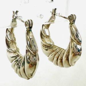 STERLING SILVER .925 Puffed Ridged Hoop Earrings 1-1/8” Diameter Classic